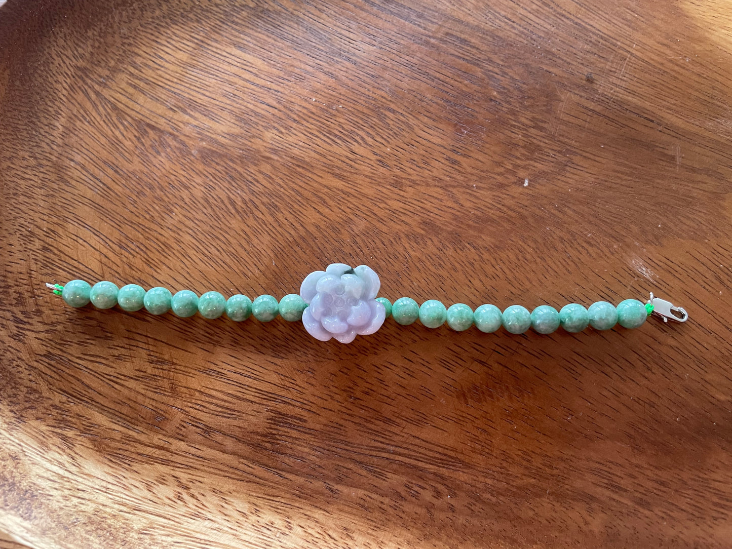 Grade A Natural Green Burma Jadeite beads with lavender water lily 7 inches bracelet