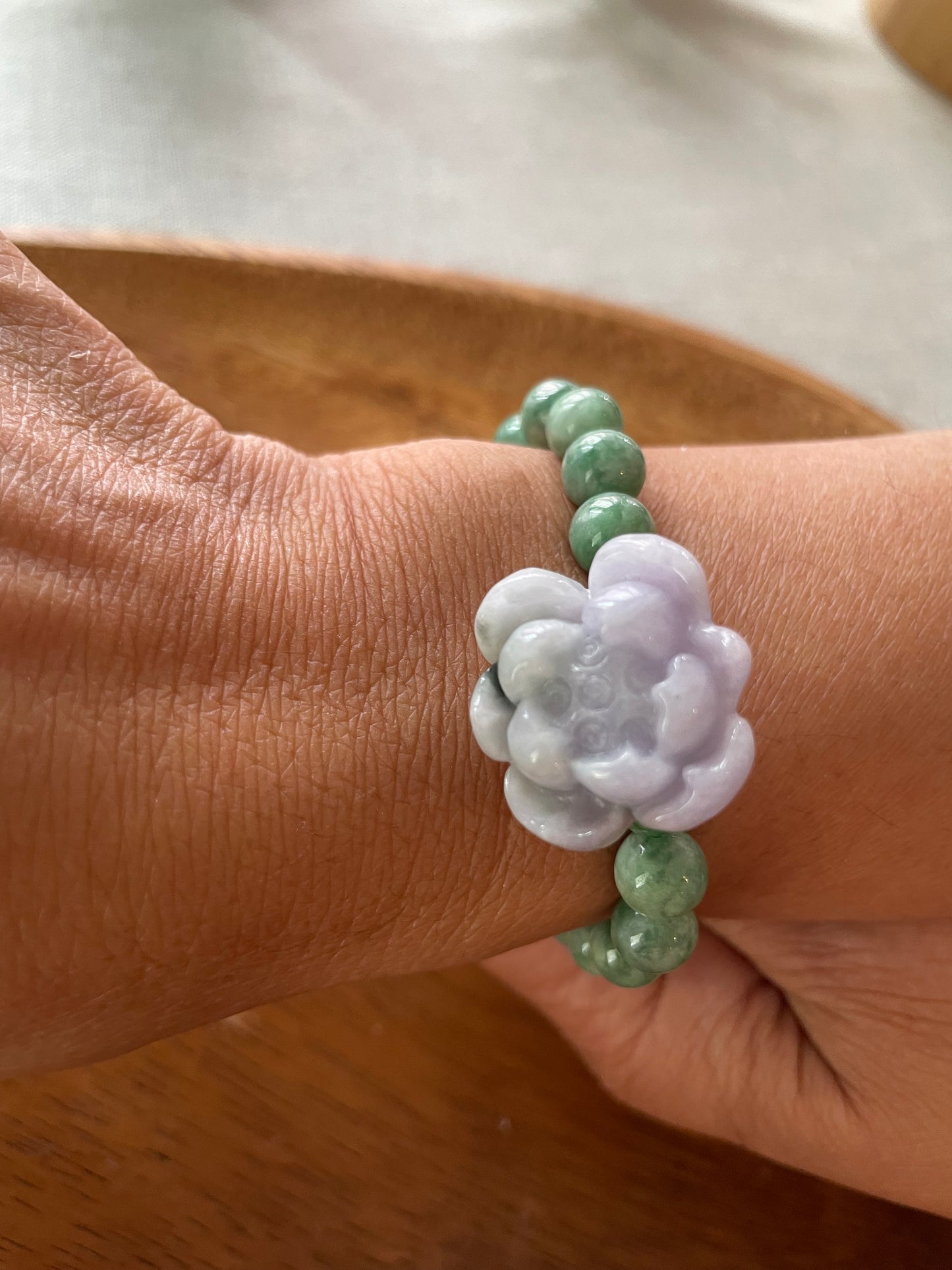 Grade A Natural Green Burma Jadeite beads with lavender water lily 7 inches bracelet