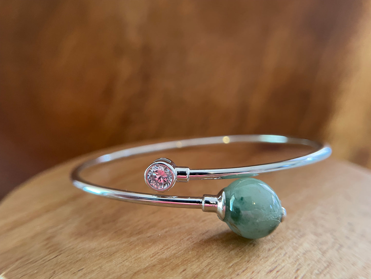 Grade A Natural green bead Burma Jadeite Sterling Silver Bangle