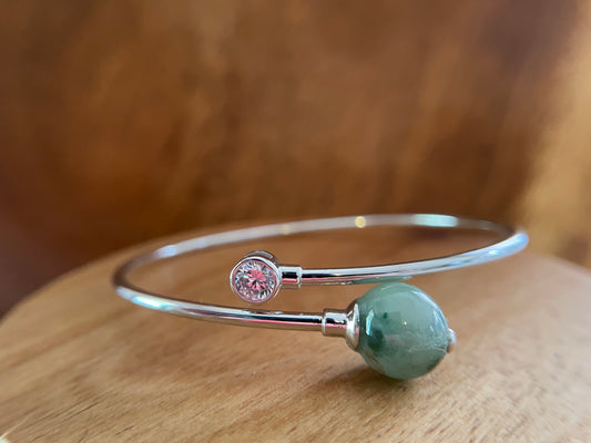 Grade A Natural green bead Burma Jadeite Sterling Silver Bangle