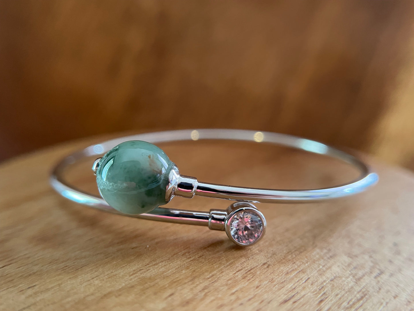 Grade A Natural green bead Burma Jadeite Sterling Silver Bangle