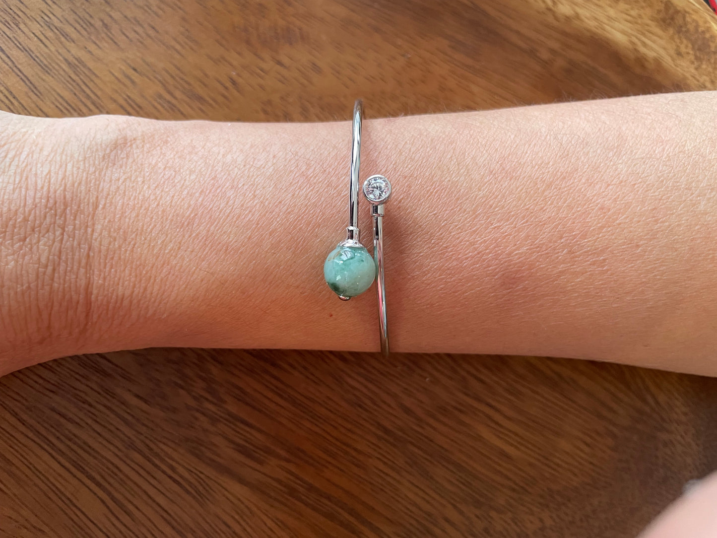 Grade A Natural green bead Burma Jadeite Sterling Silver Bangle