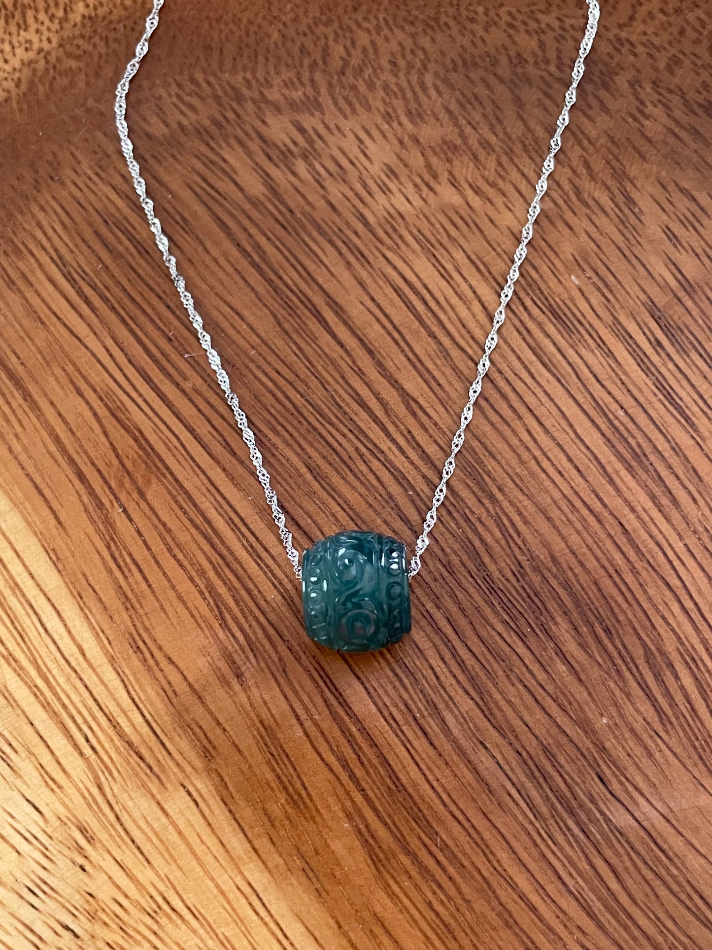 Natural Blue Green Jadeite "Lu Lu Tong"  with Sterling Silver necklace