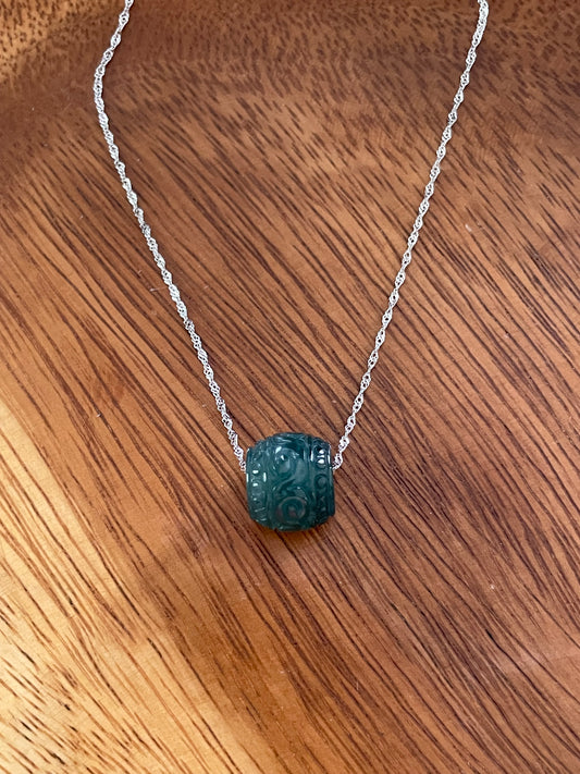 Natural Blue Green Jadeite "Lu Lu Tong"  with Sterling Silver necklace