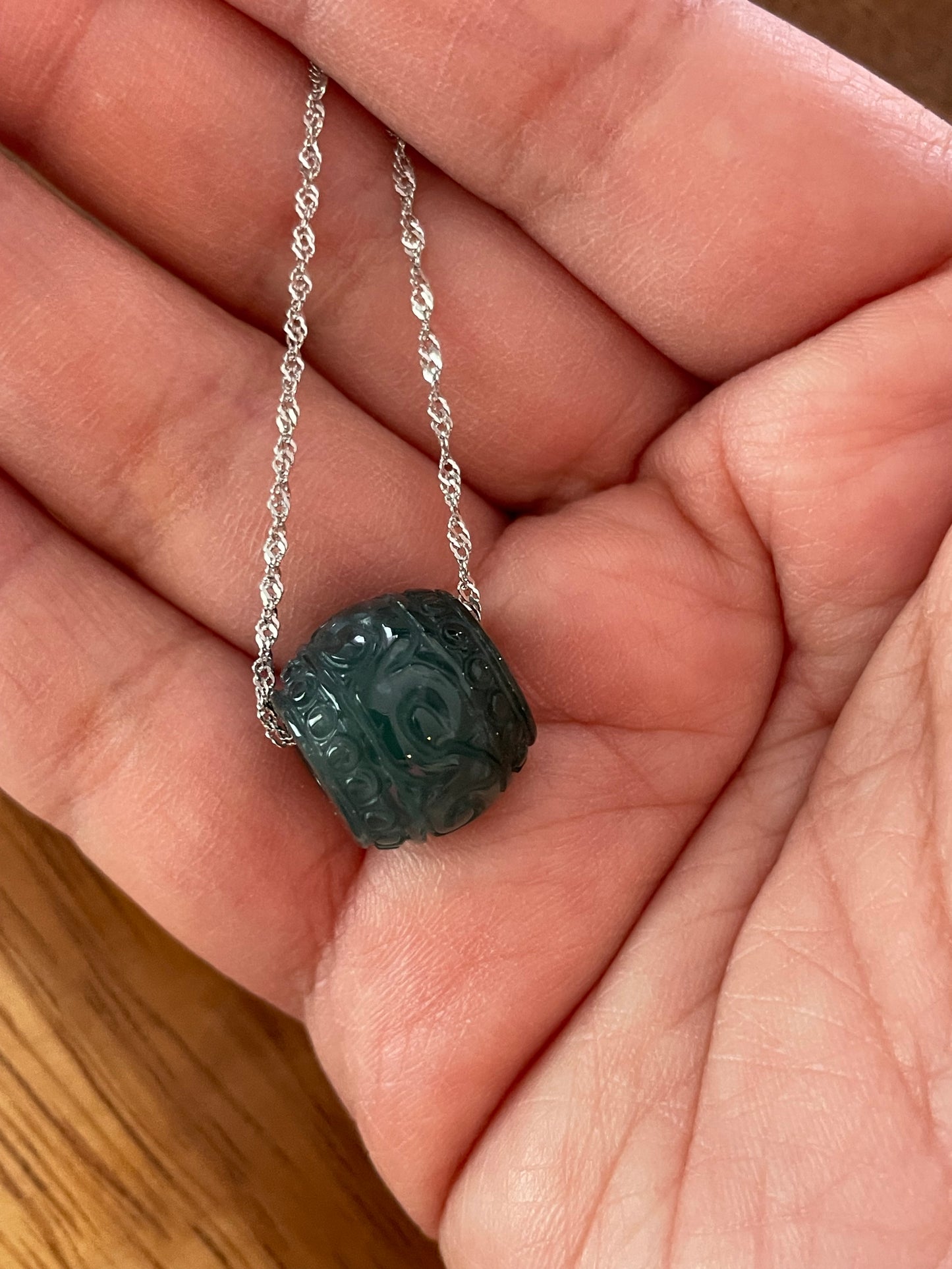 Natural Blue Green Jadeite "Lu Lu Tong"  with Sterling Silver necklace