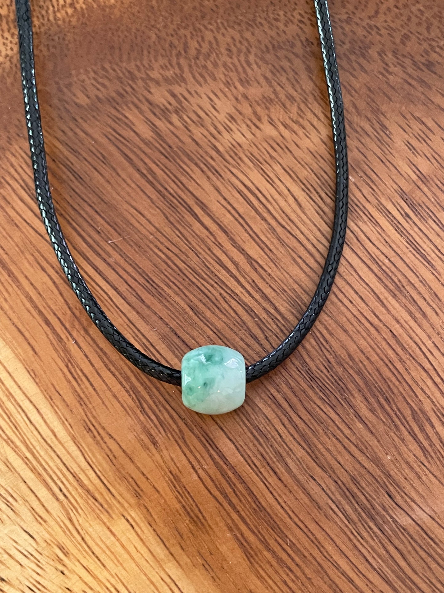 Natural Green Jadeite "Lu Lu Tong"  with Black leather chocker