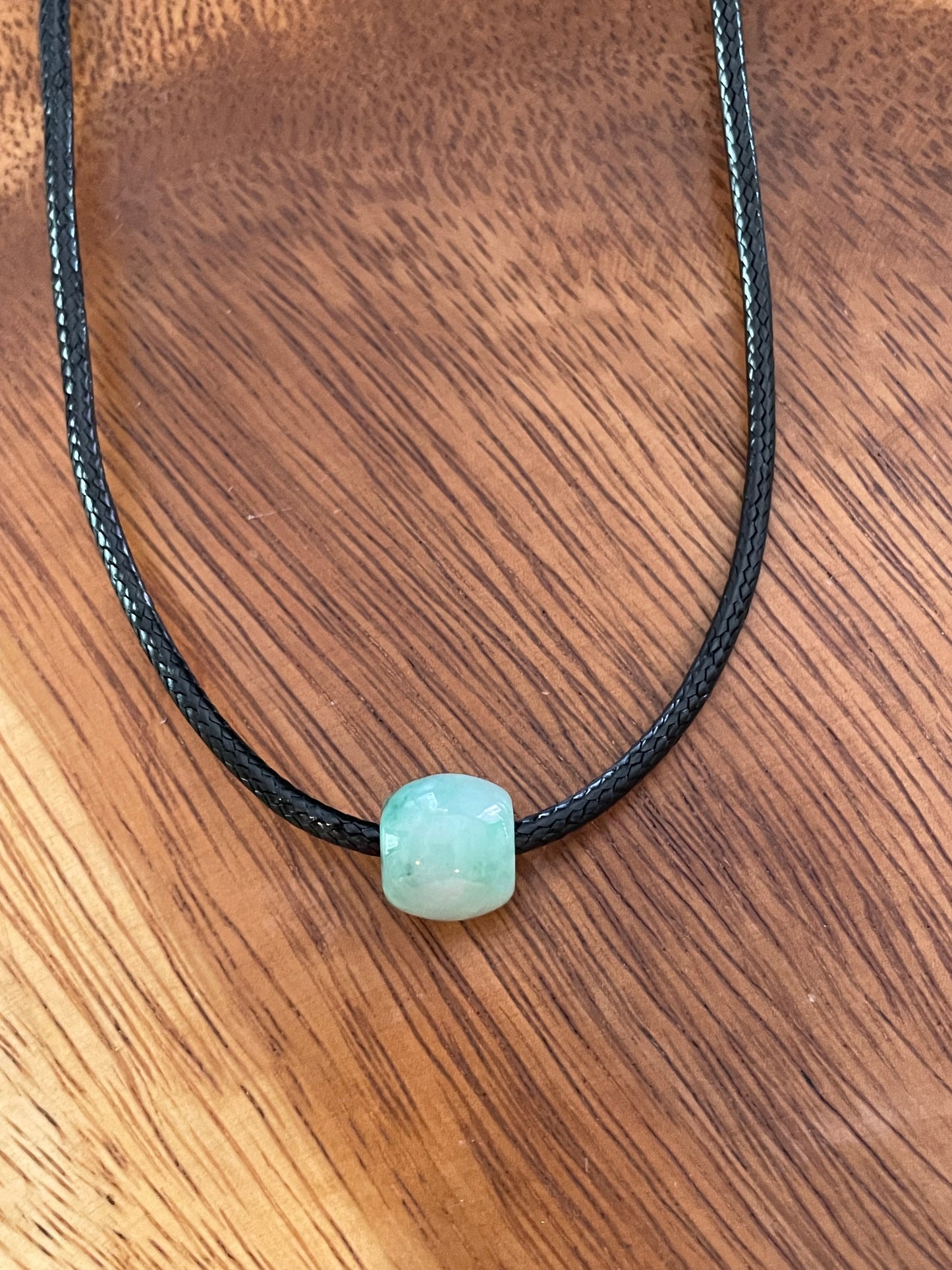 Natural Green Jadeite "Lu Lu Tong"  with Black leather chocker