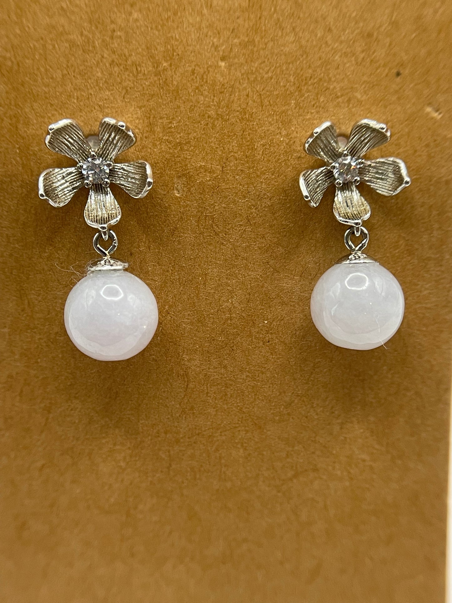 Natural Grade A lavender  Burmese Jadeite beads  925 silver flowers earrings