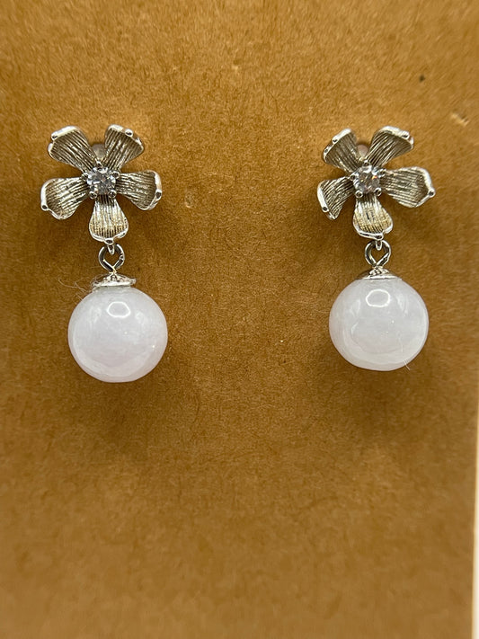 Natural Grade A lavender  Burmese Jadeite beads  925 silver flowers earrings
