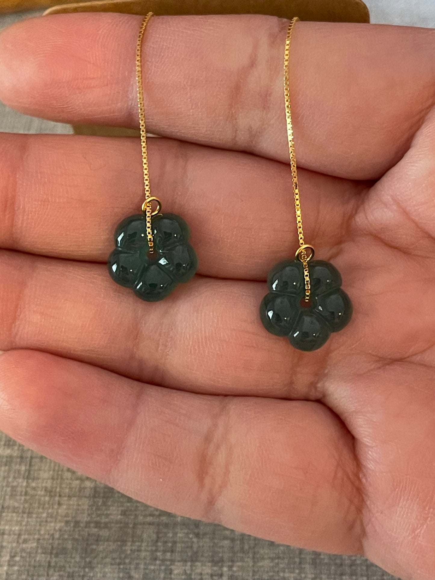 Grade A Natural Burma Icy Jadeite Flowers threat gold onerlay Silver earrings can be used as earring jacket