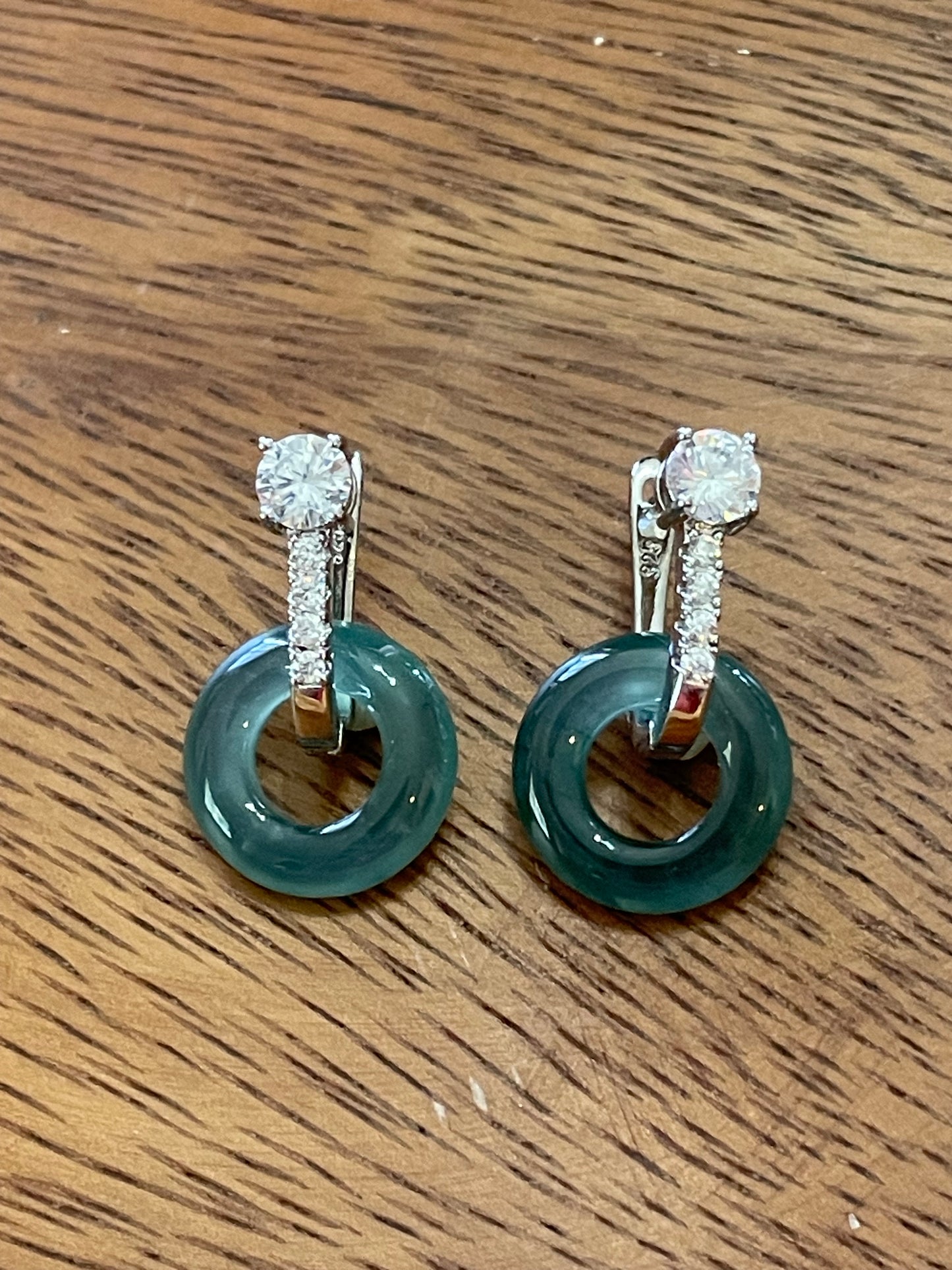 Natural Grade A  green Jadeite donut 925 silver hook earrings