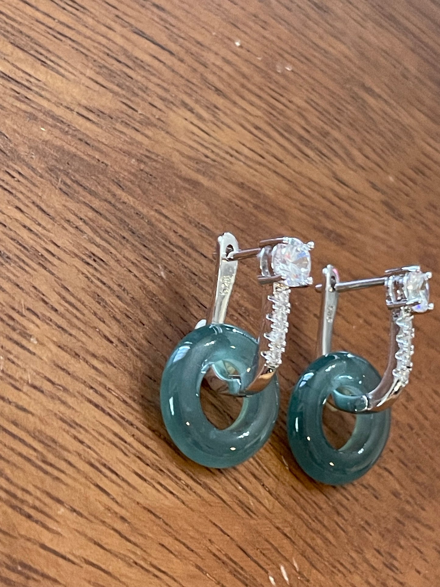 Natural Grade A  green Jadeite donut 925 silver hook earrings