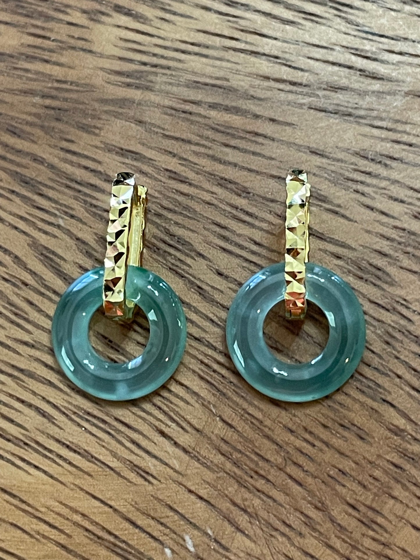 Natural Grade A  Green  Burmese Jadeite donut Gold overlay 925 silver hook earrings