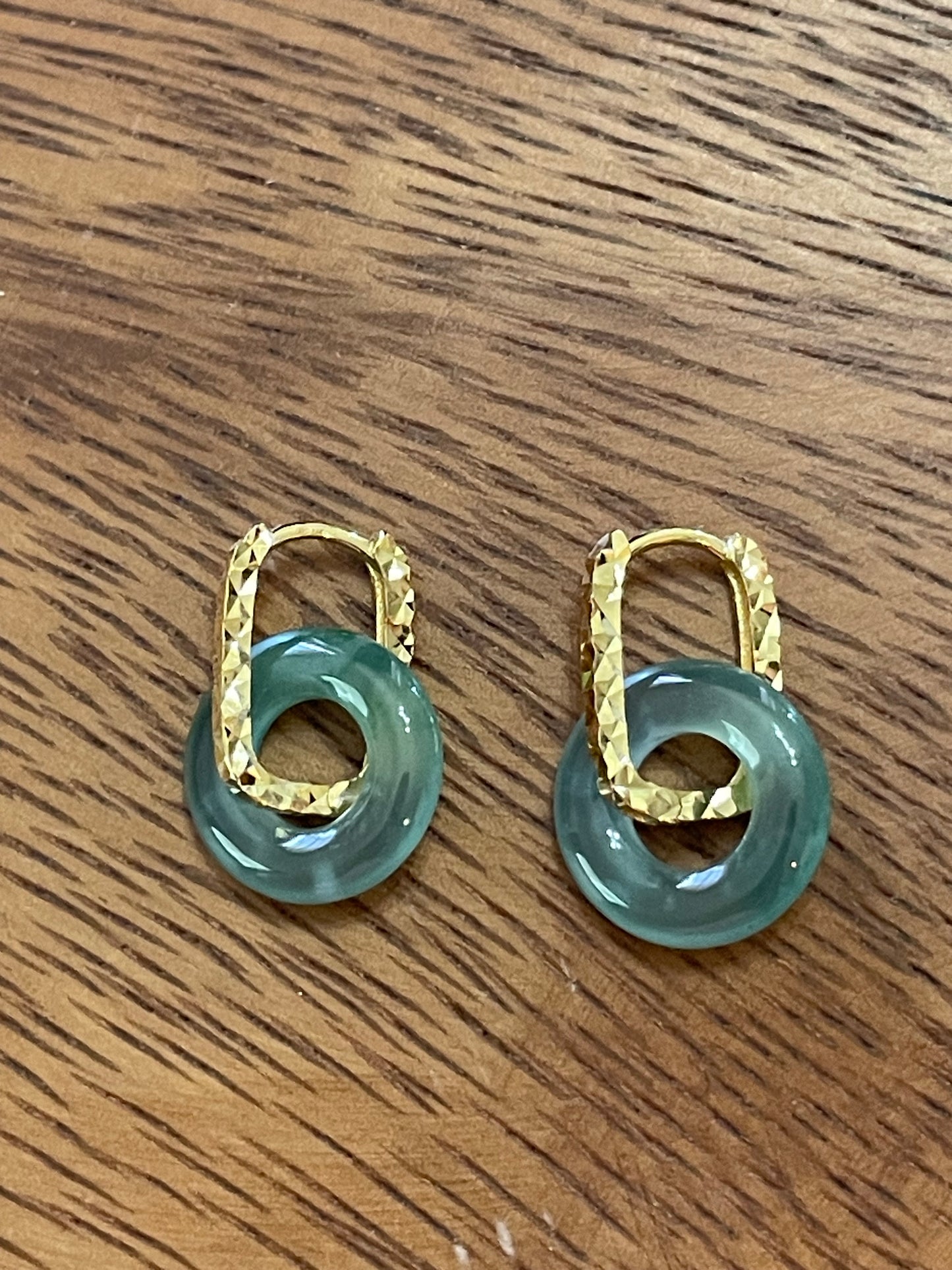Natural Grade A  Green  Burmese Jadeite donut Gold overlay 925 silver hook earrings