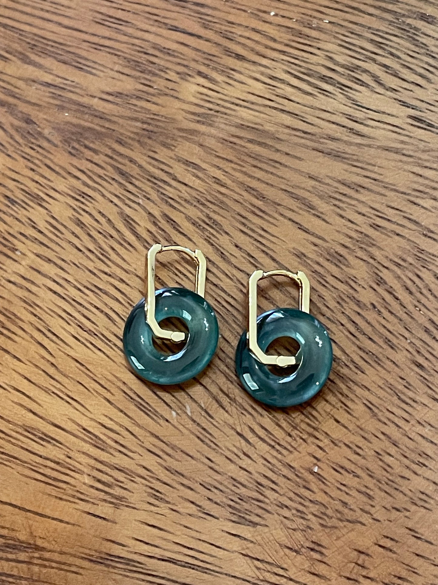 Natural Grade A  Green Burmese Jadeite Donut Gold overlay   925 silver Hook earrings