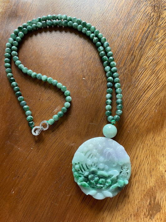 Natural Icy Green Burma Jadeite Round charm with green beads necklace