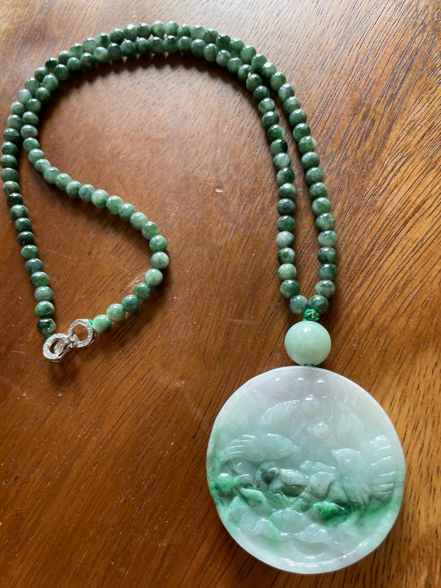 Natural Icy Green Burma Jadeite Round charm with green beads necklace