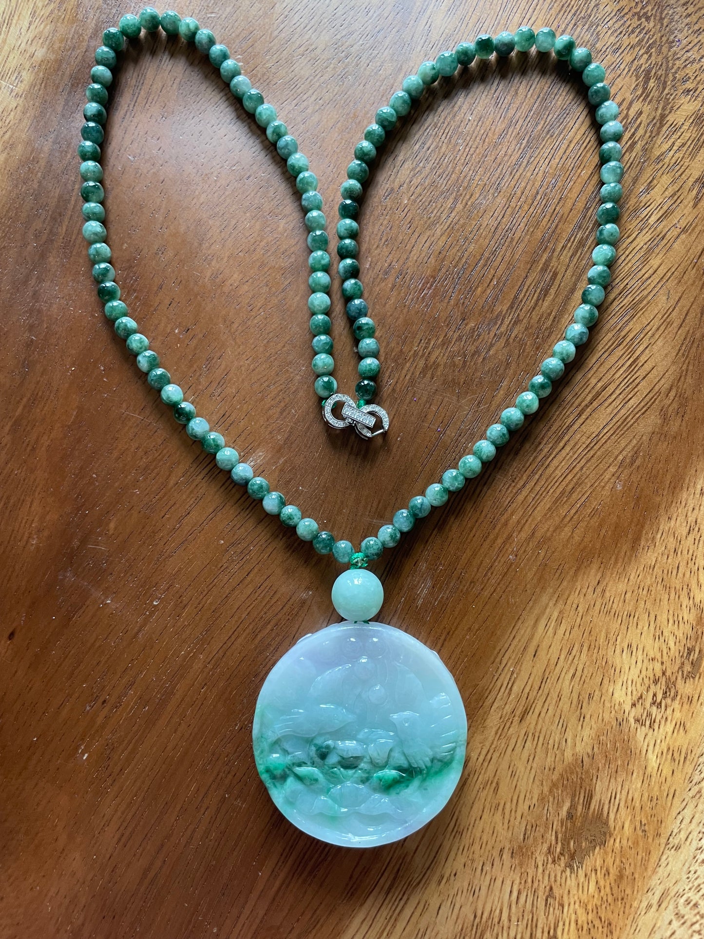 Natural Icy Green Burma Jadeite Round charm with green beads necklace
