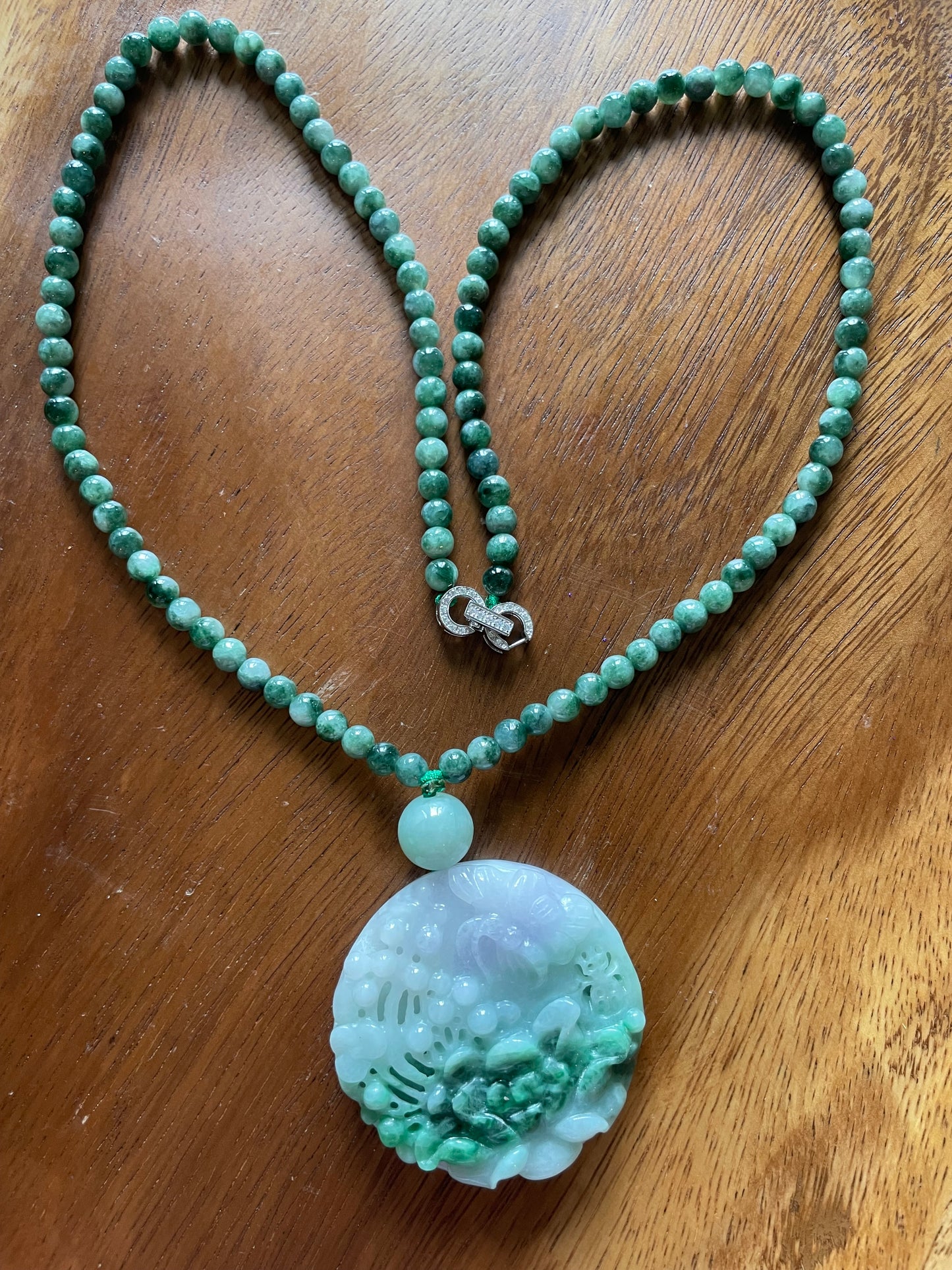 Natural Icy Green Burma Jadeite Round charm with green beads necklace