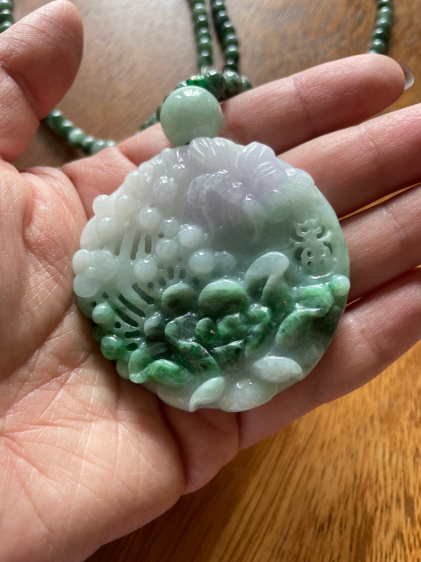Natural Icy Green Burma Jadeite Round charm with green beads necklace