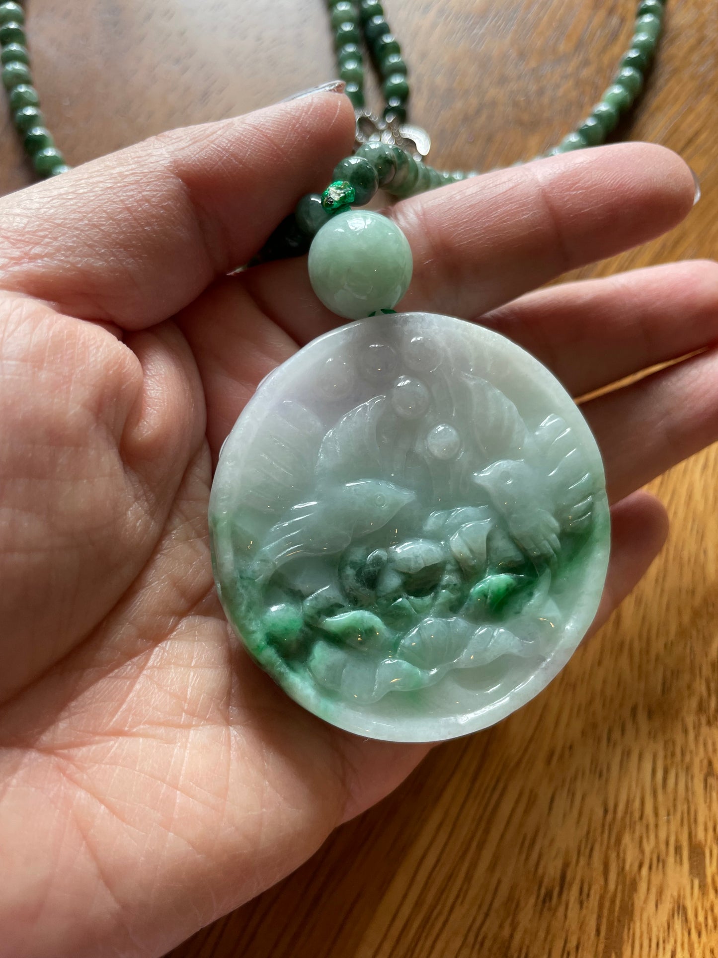 Natural Icy Green Burma Jadeite Round charm with green beads necklace