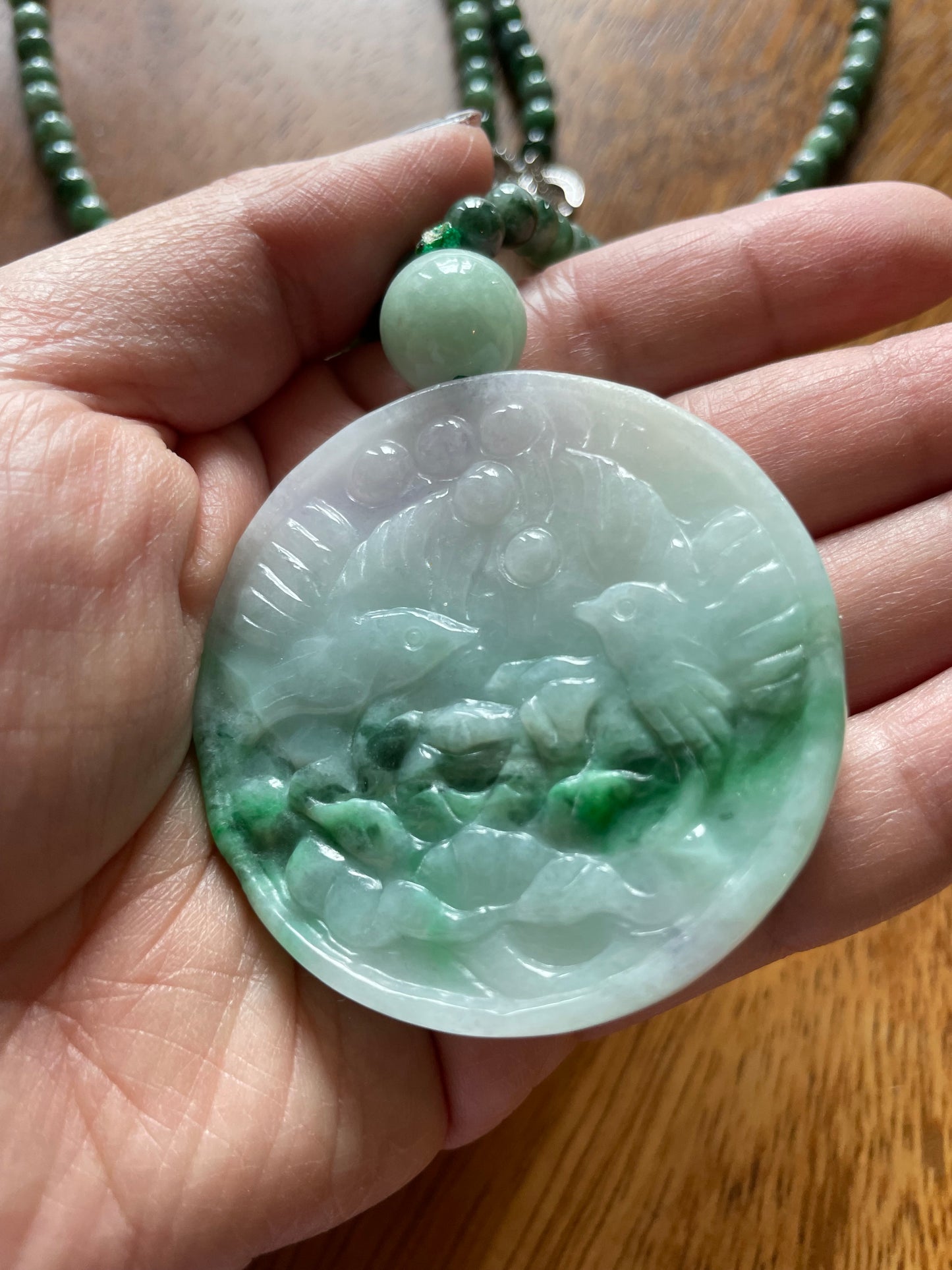 Natural Icy Green Burma Jadeite Round charm with green beads necklace