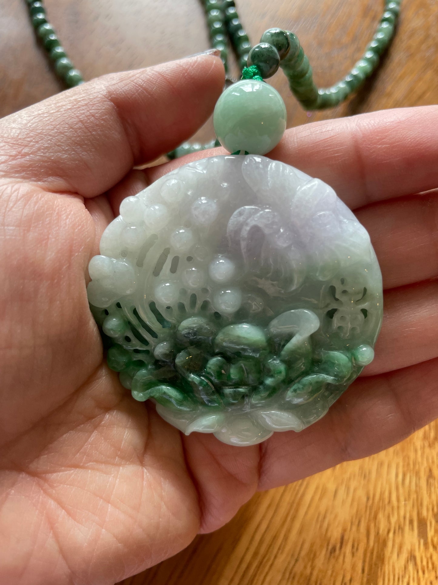 Natural Icy Green Burma Jadeite Round charm with green beads necklace