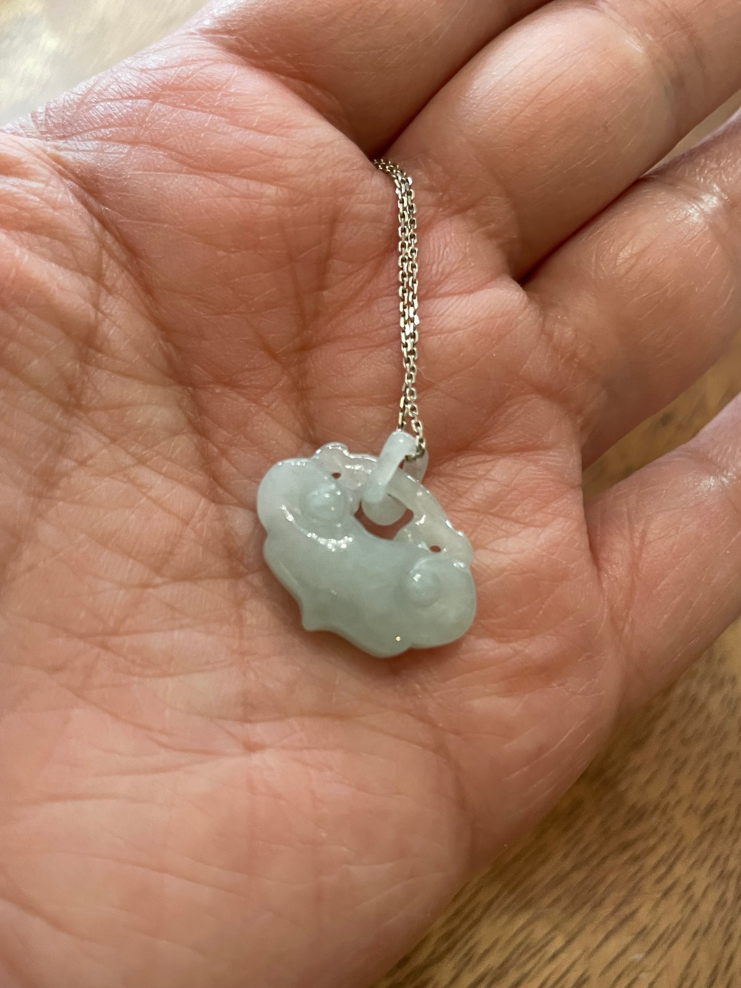 Grade A Natural Burma Jadeite Hand carved Green Yuyi (ruyi) Sterling Silver Necklace