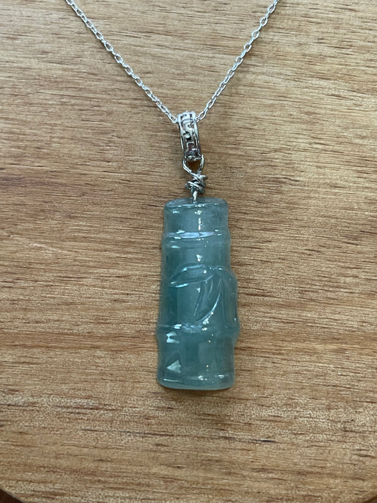 Grade A Natural Icy Green Burma jadeite bamboo Sterling Silver Necklace