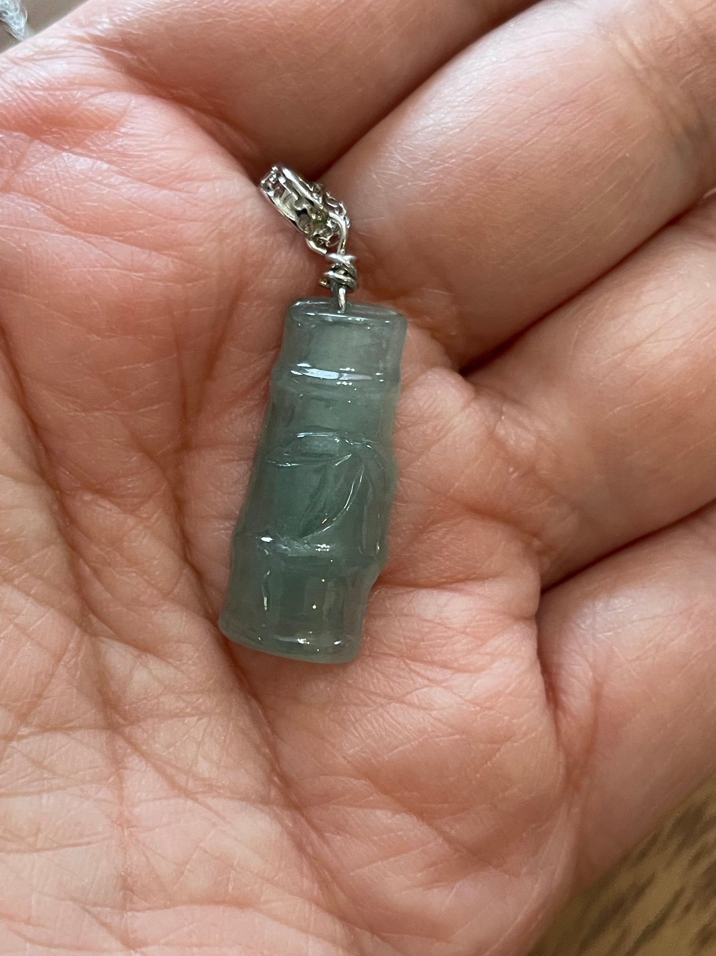 Grade A Natural Icy Green Burma jadeite bamboo Sterling Silver Necklace