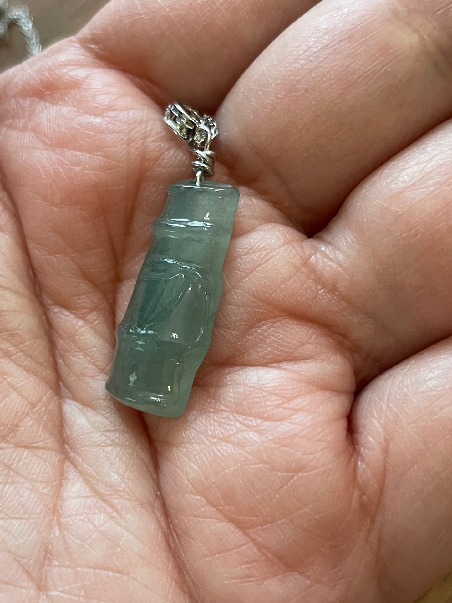 Grade A Natural Icy Green Burma jadeite bamboo Sterling Silver Necklace