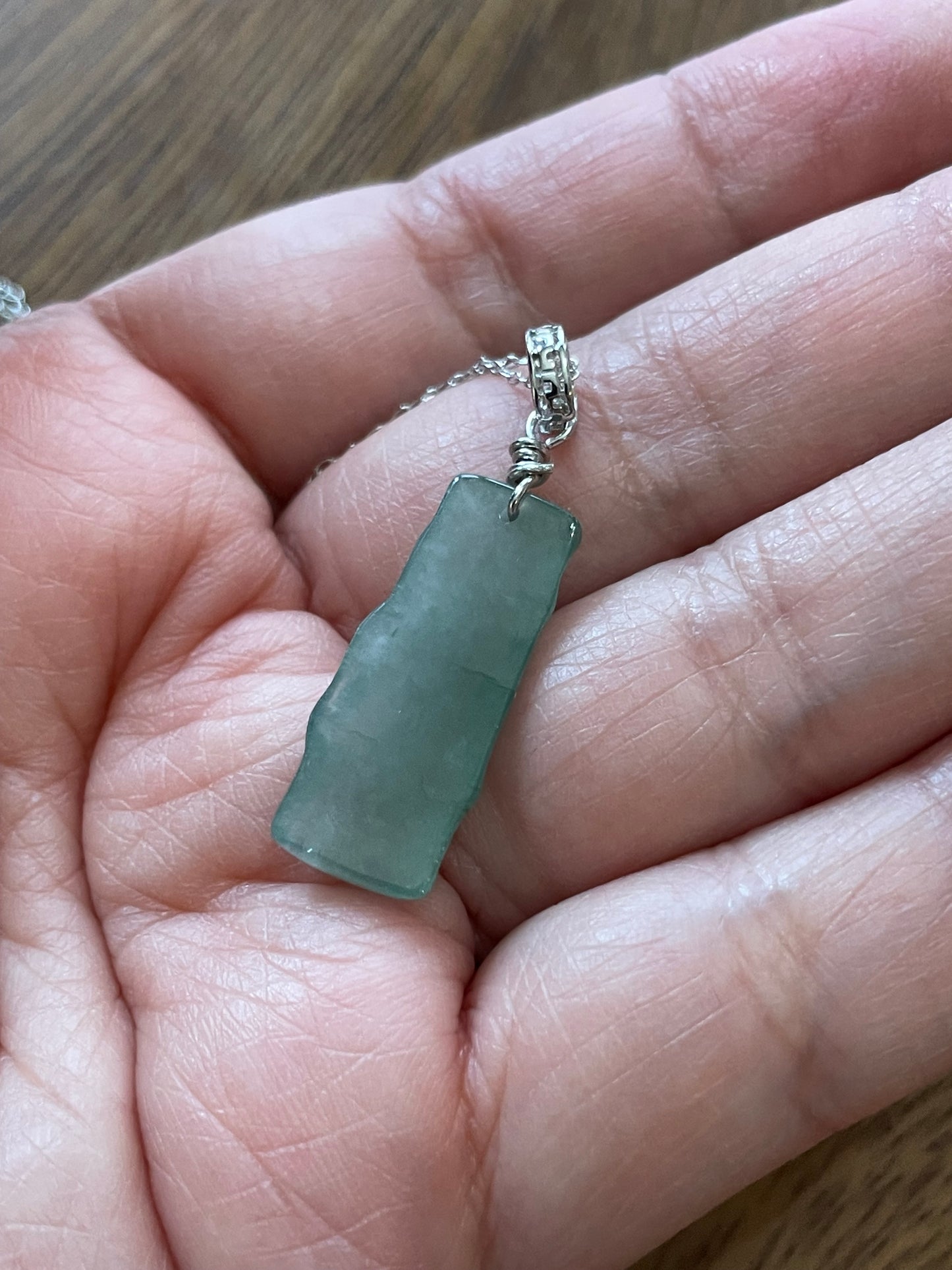 Grade A Natural Icy Green Burma jadeite bamboo Sterling Silver Necklace