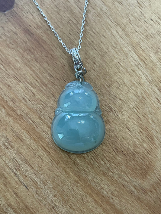 Icy green Jadeite Wu Lu (Gourd) pendant  silver necklace