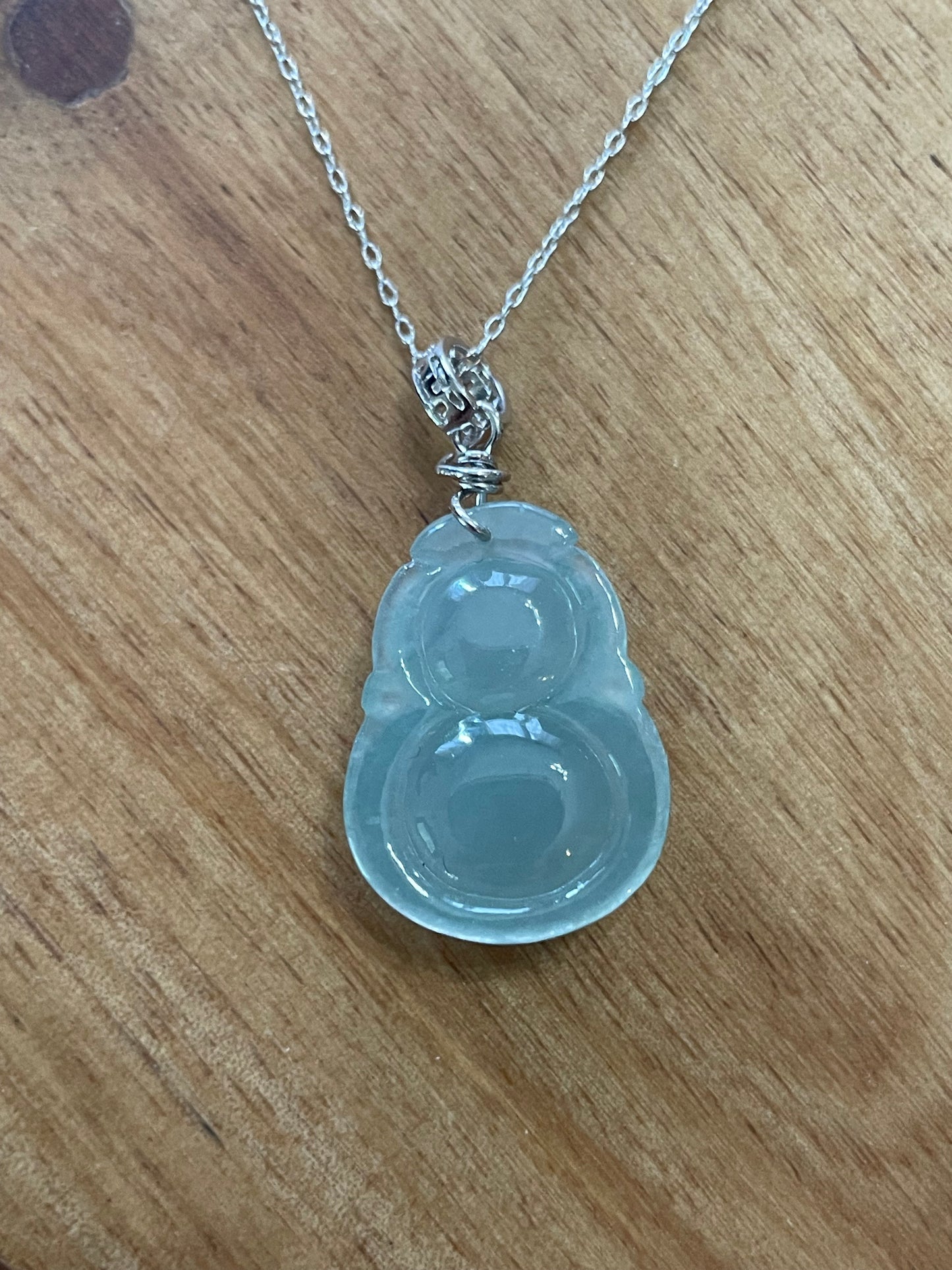 Icy green Jadeite Wu Lu (Gourd) pendant  silver necklace