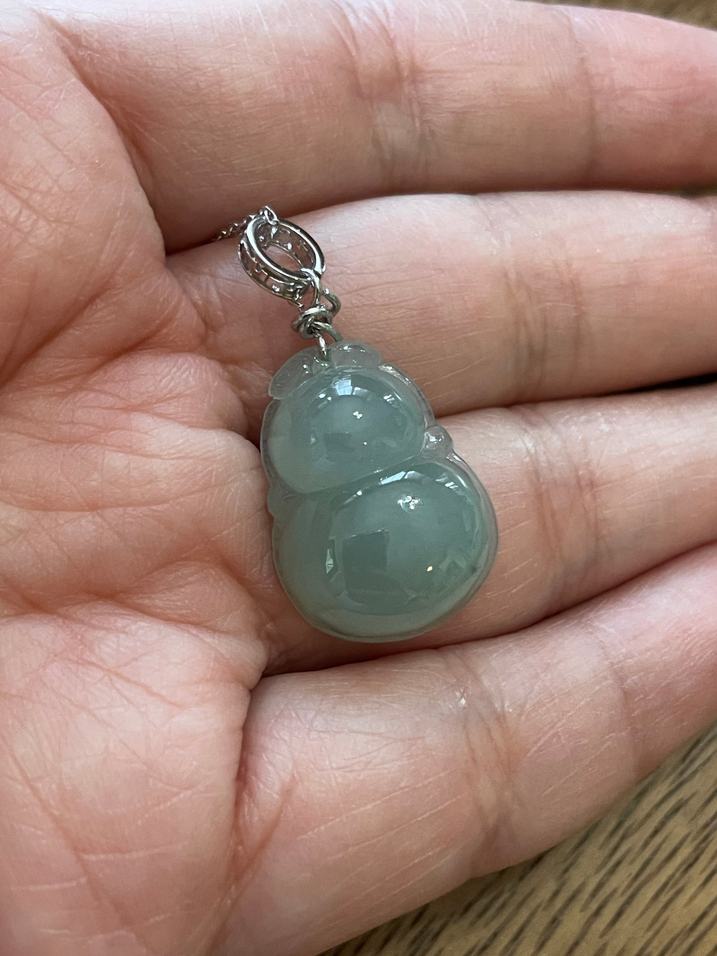 Icy green Jadeite Wu Lu (Gourd) pendant  silver necklace