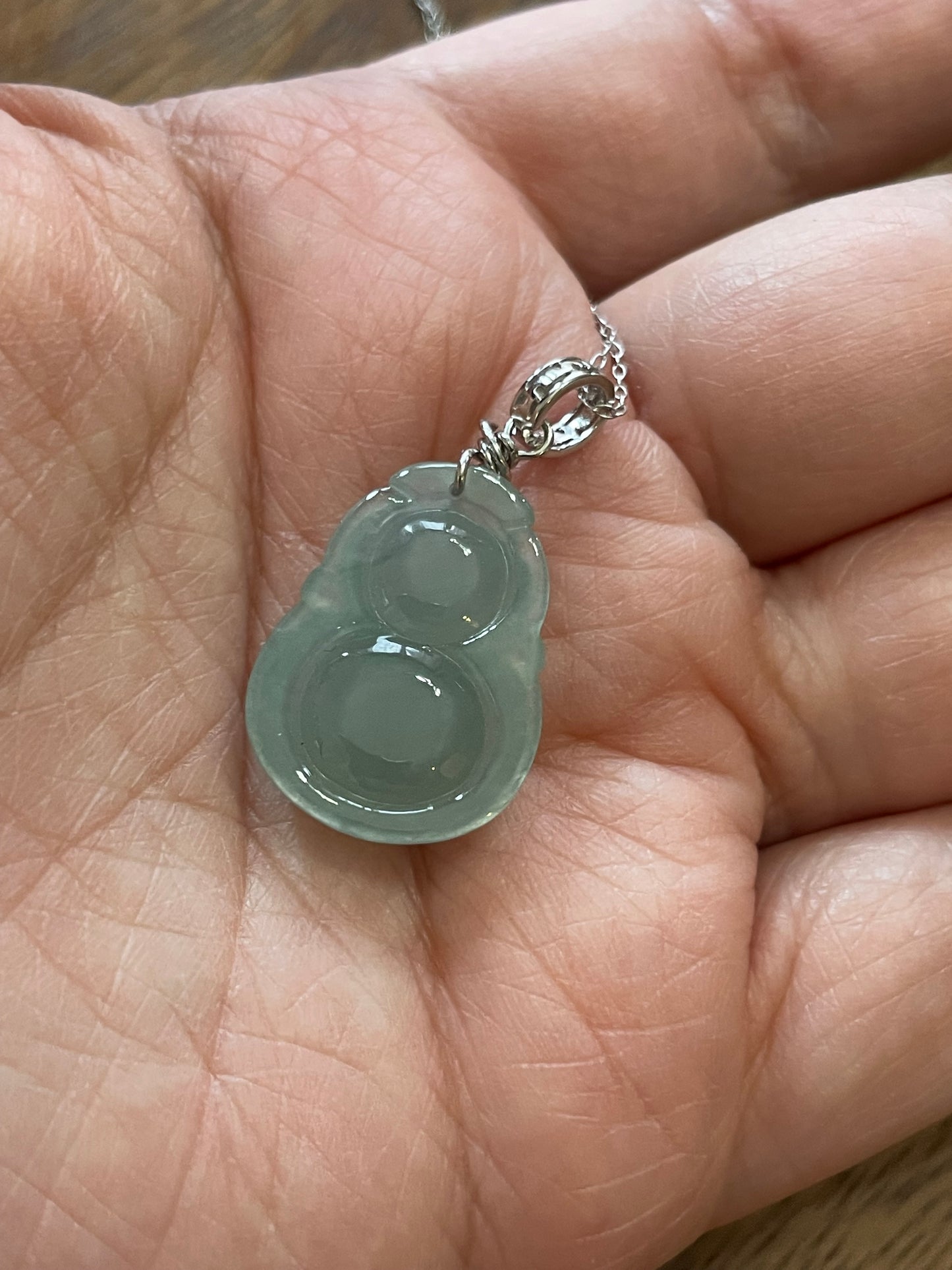 Icy green Jadeite Wu Lu (Gourd) pendant  silver necklace