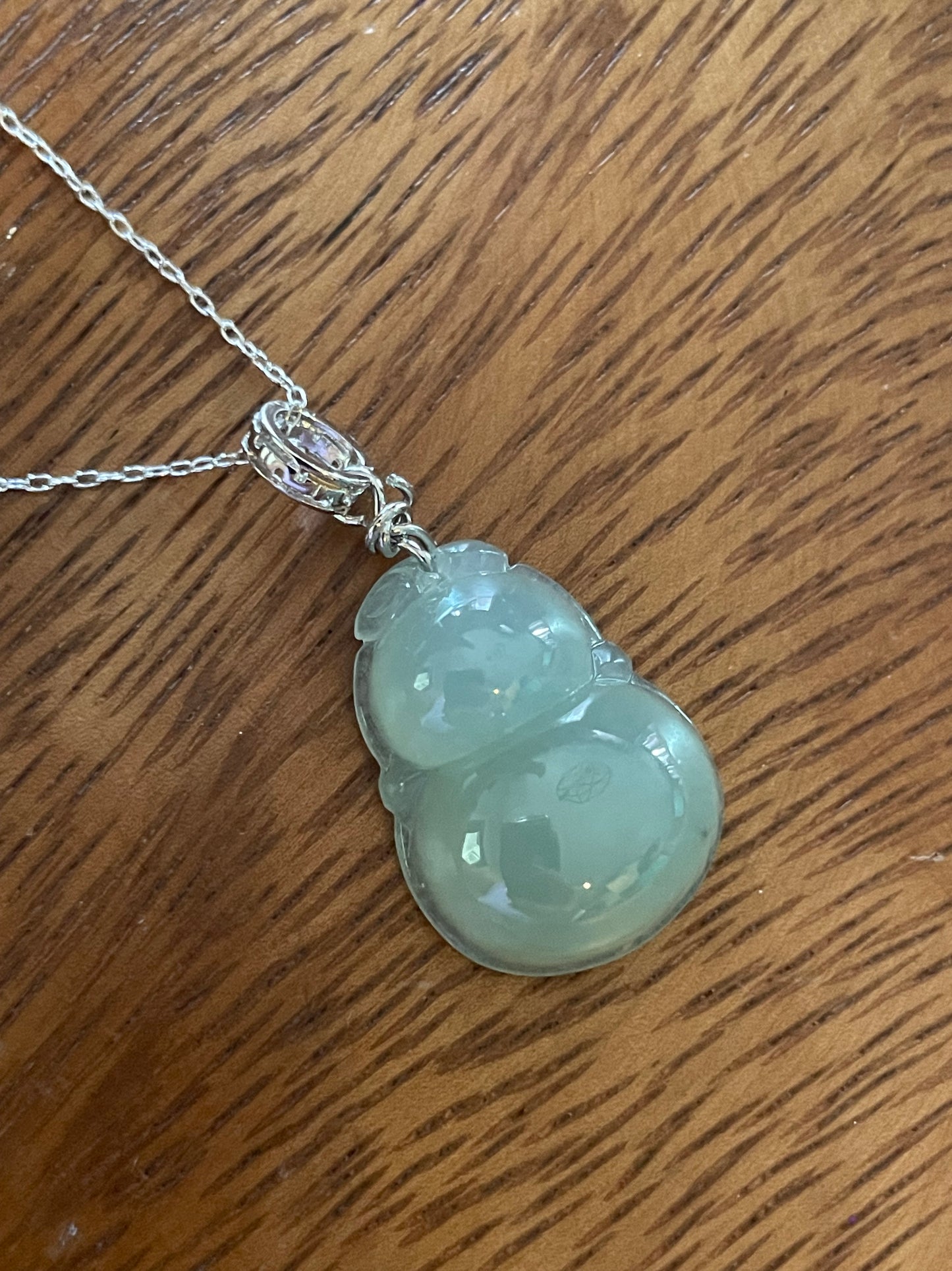 Icy green Jadeite Wu Lu (Gourd) pendant  silver necklace