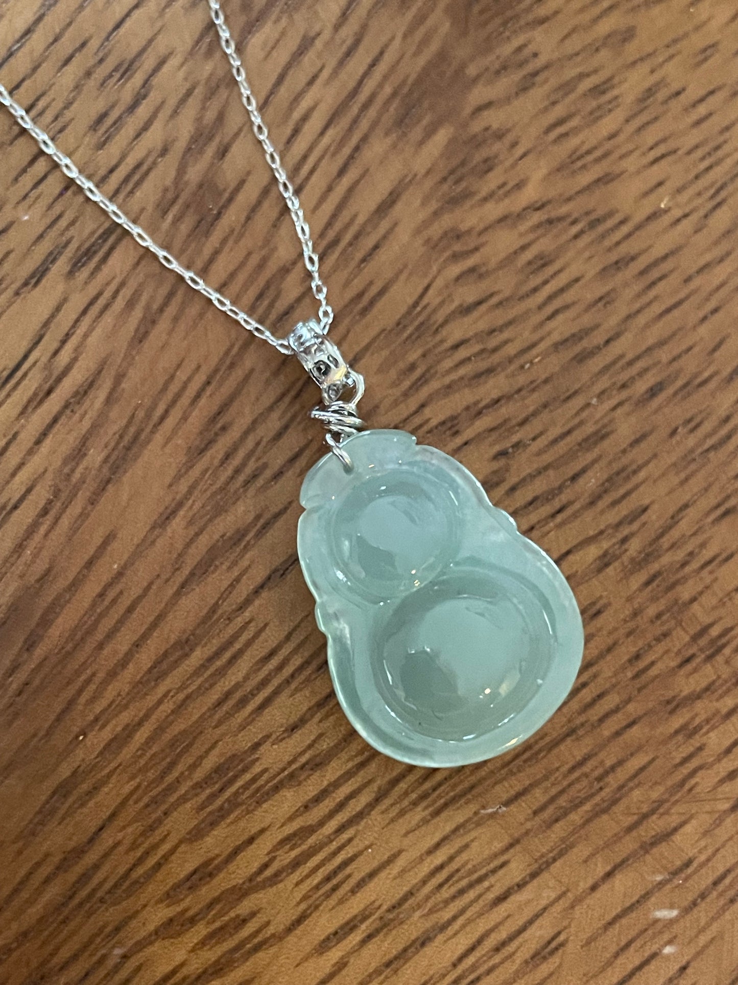 Icy green Jadeite Wu Lu (Gourd) pendant  silver necklace