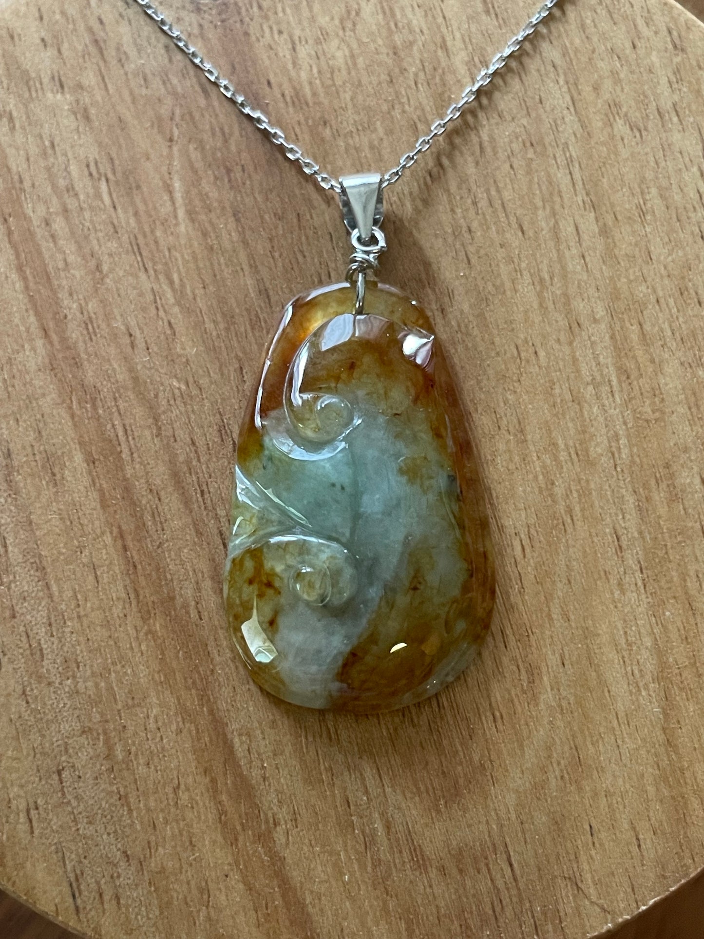 Grade A Natural Burma Jadeite Hand carved  Yellow Green Yuyi (ruyi) Sterling Silver Necklace
