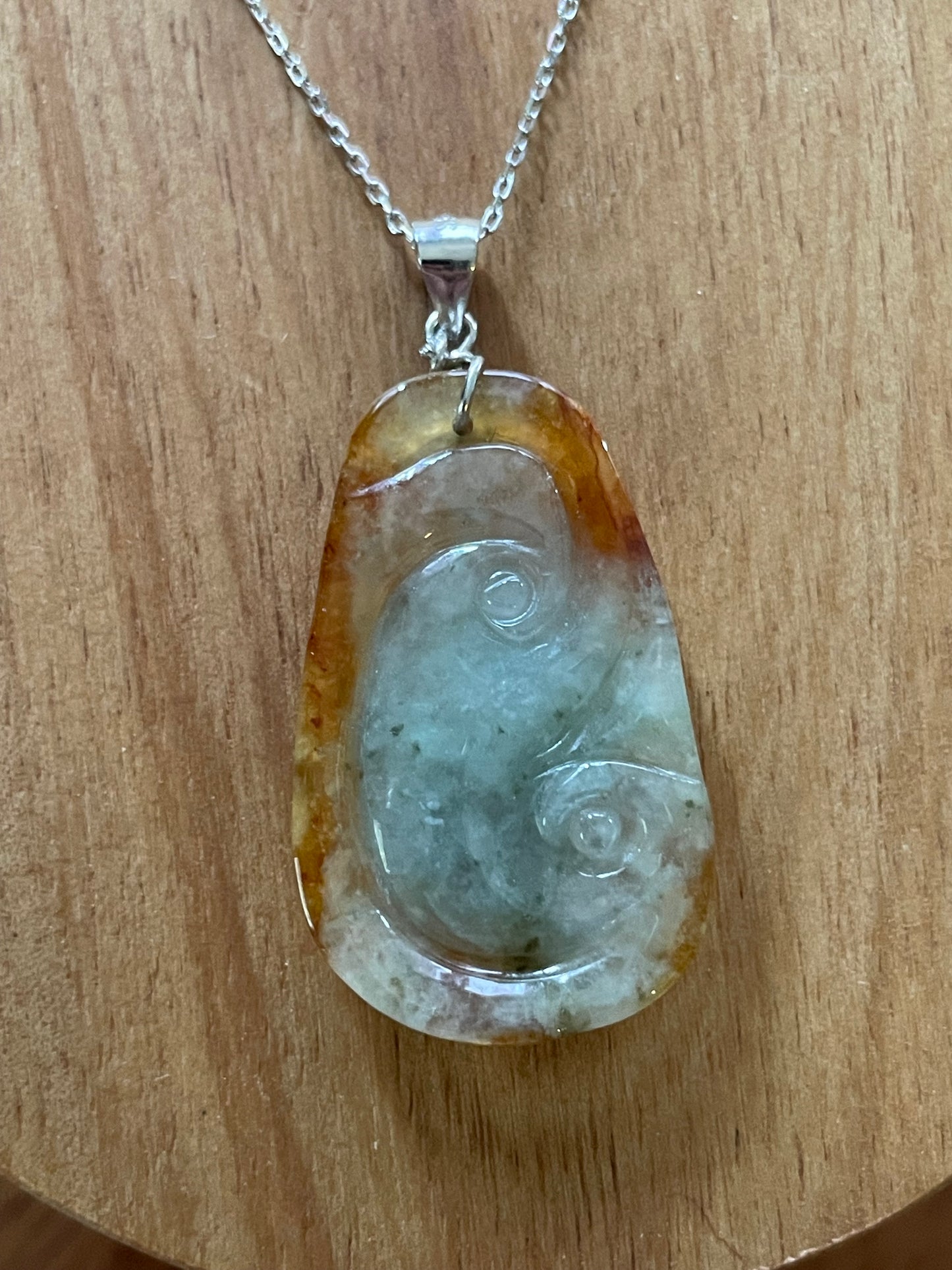 Grade A Natural Burma Jadeite Hand carved  Yellow Green Yuyi (ruyi) Sterling Silver Necklace