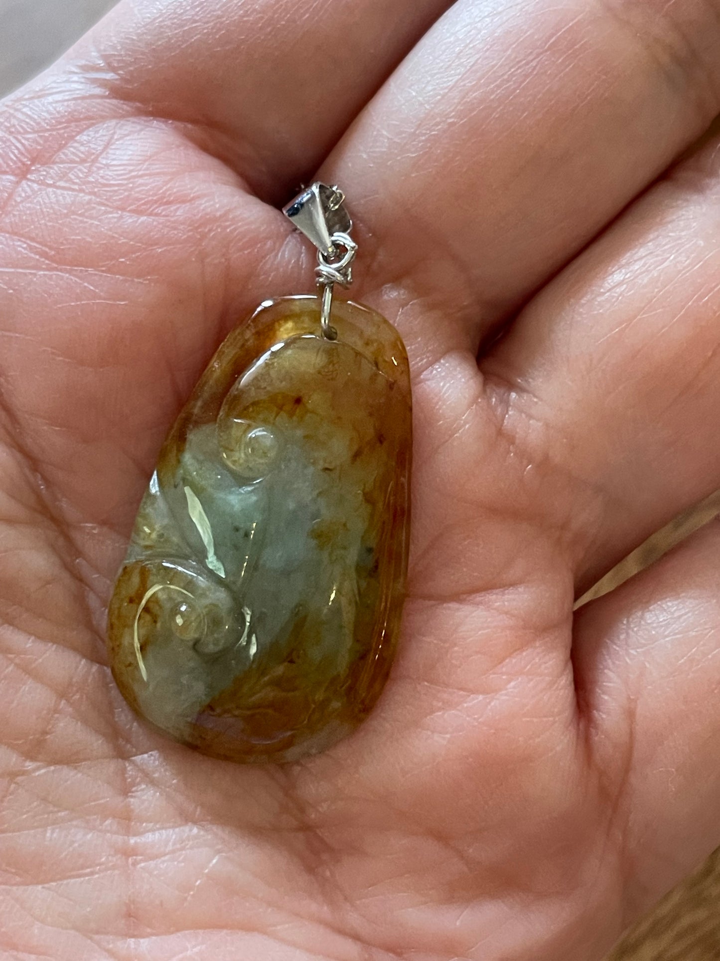 Grade A Natural Burma Jadeite Hand carved  Yellow Green Yuyi (ruyi) Sterling Silver Necklace