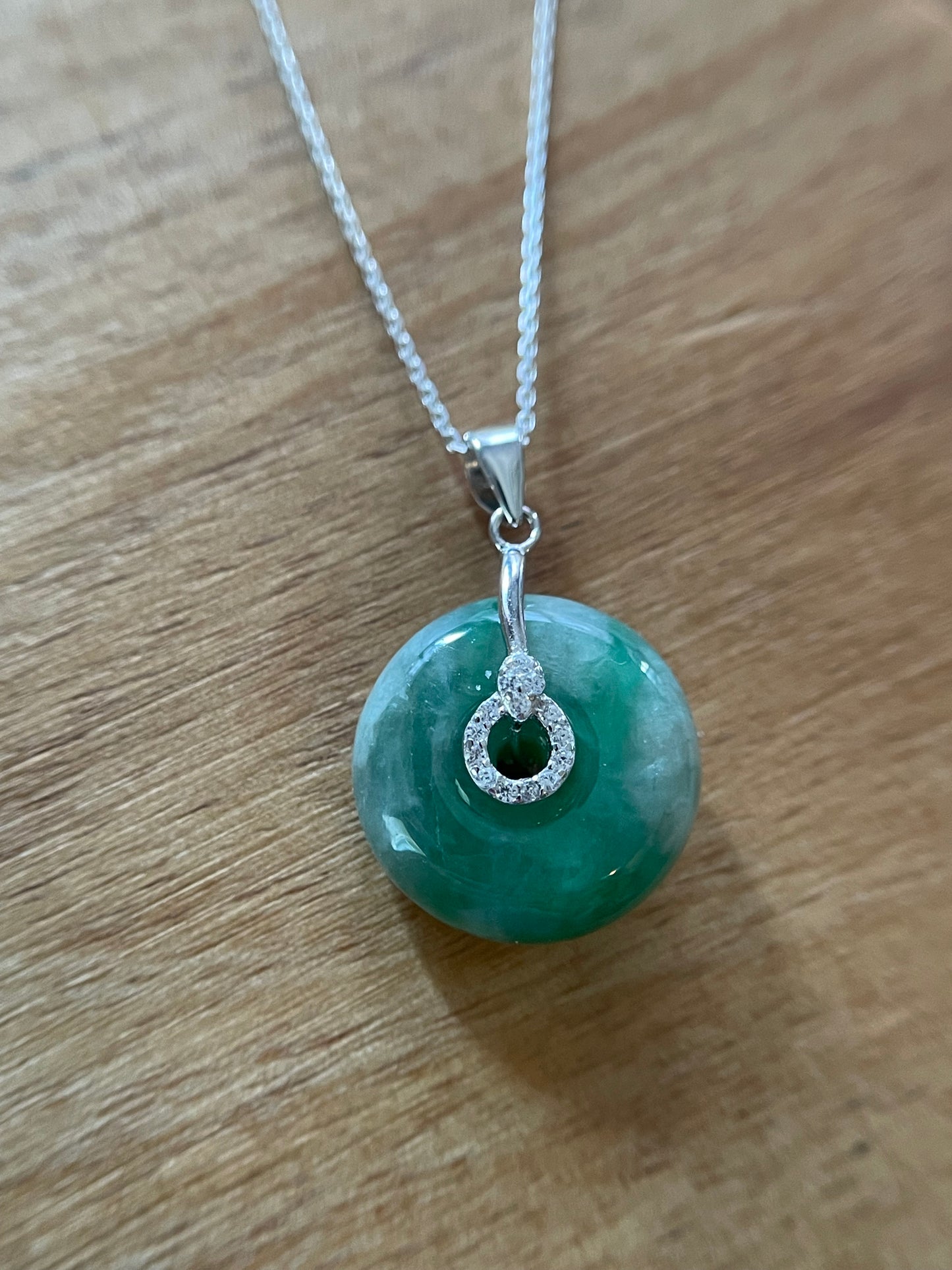 Grade A Natural  Green Jadeite Pi Disc pendant  silver necklace