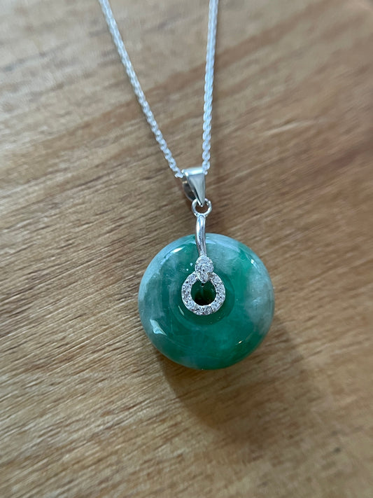 Grade A Natural  Green Jadeite Pi Disc pendant  silver necklace