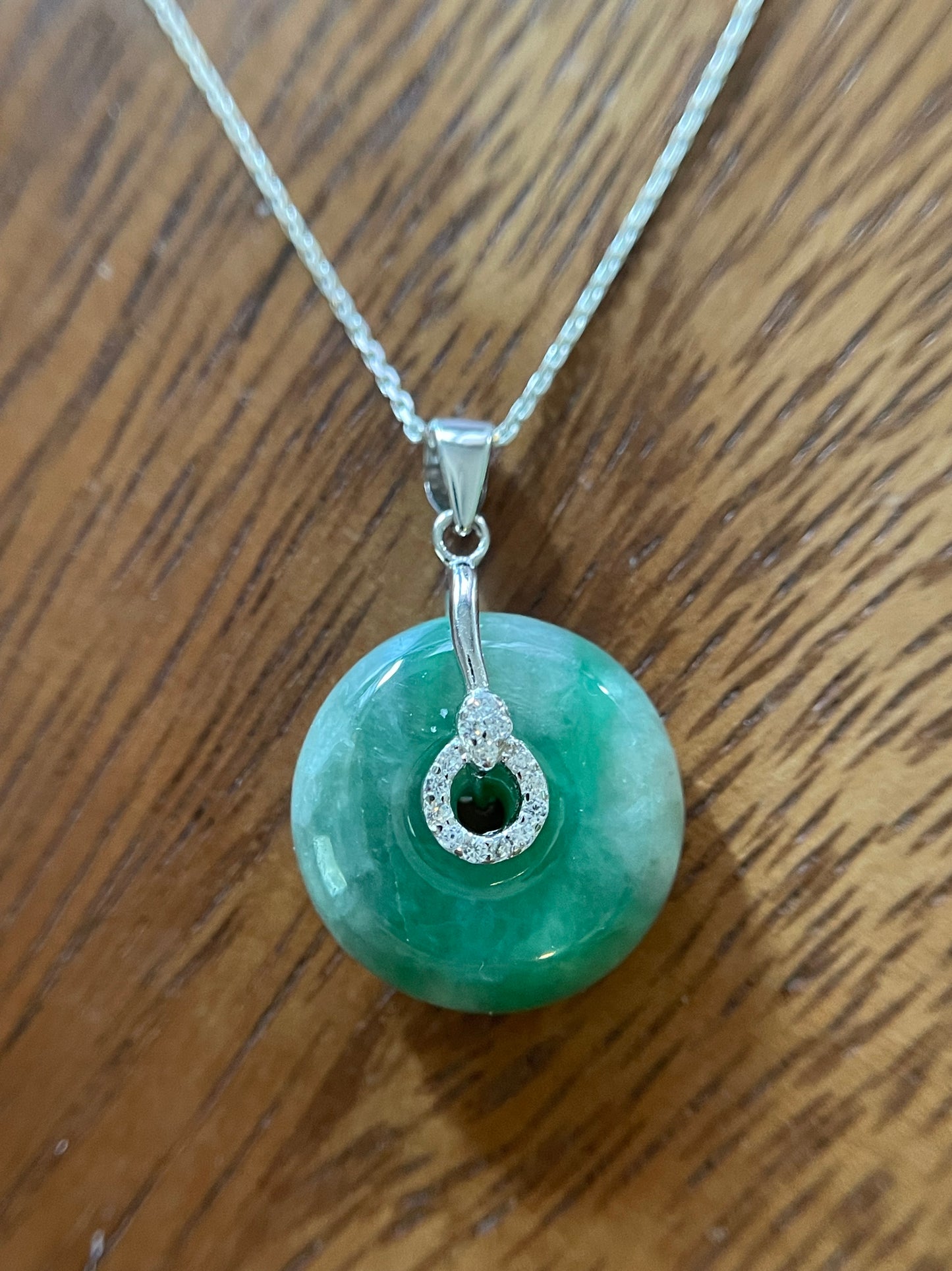 Grade A Natural  Green Jadeite Pi Disc pendant  silver necklace