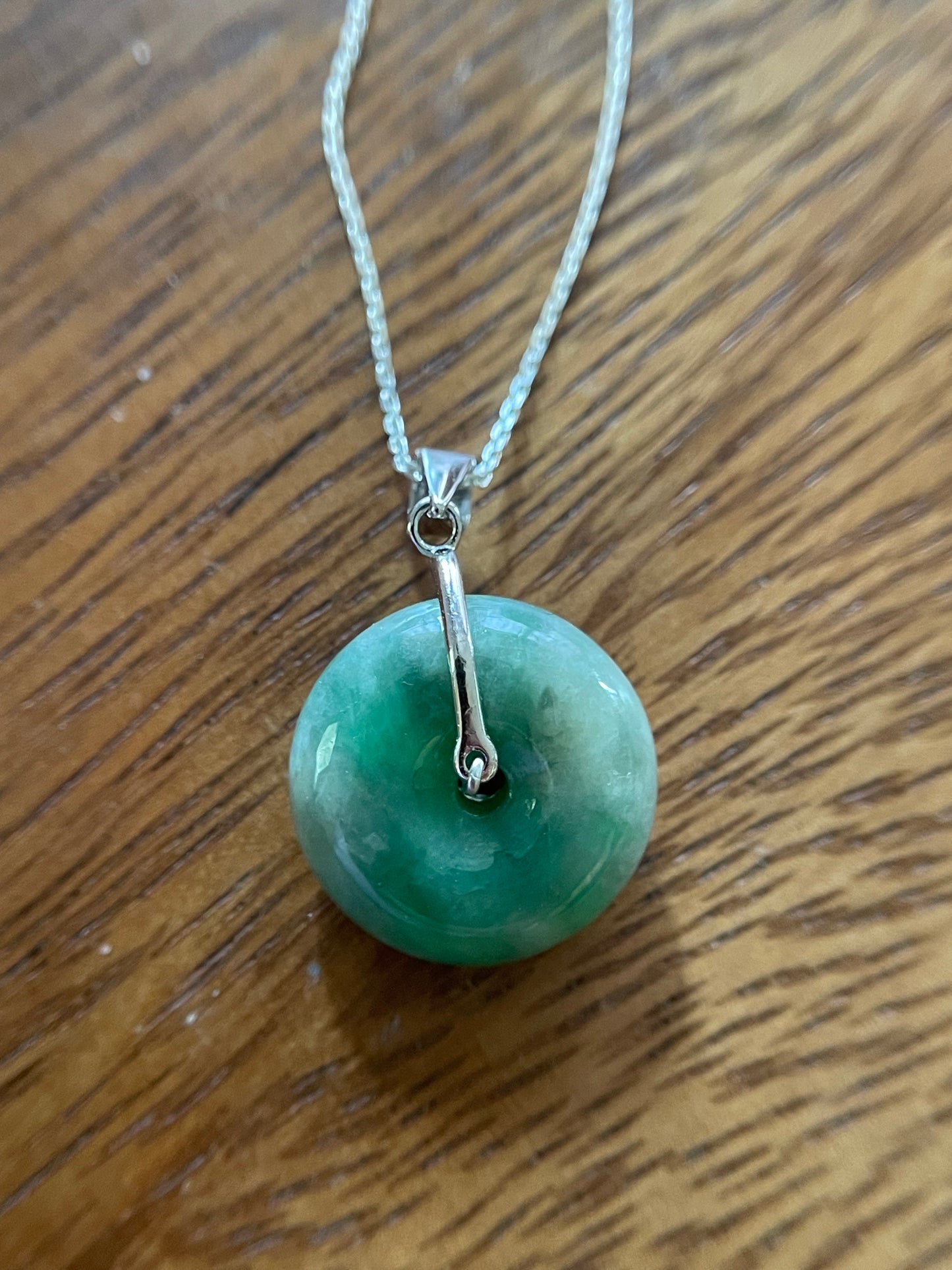 Grade A Natural  Green Jadeite Pi Disc pendant  silver necklace