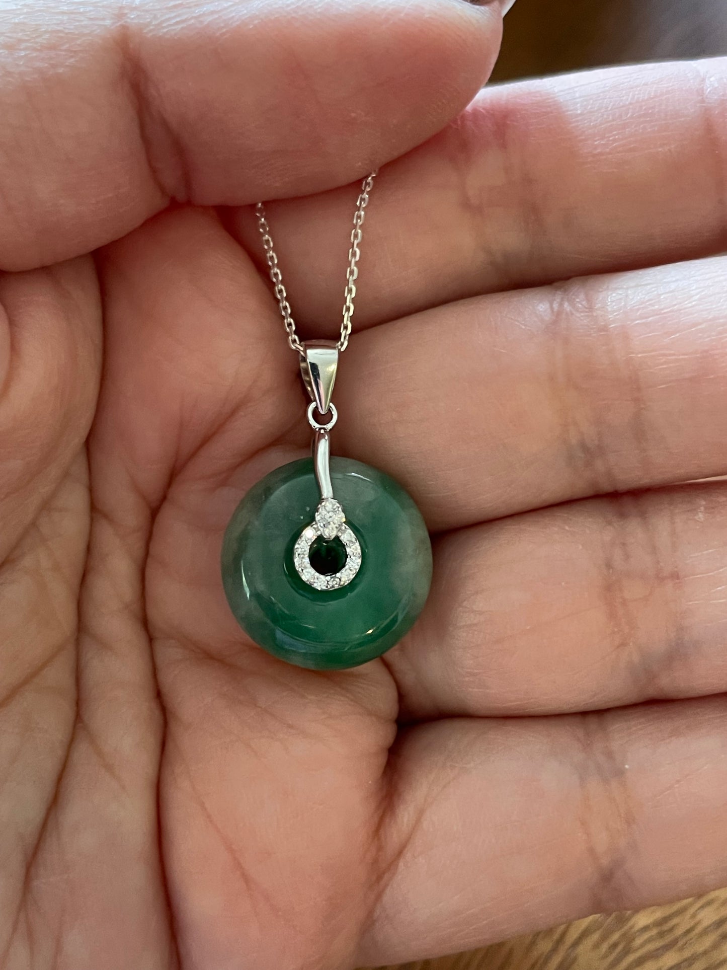 Grade A Natural  Green Jadeite Pi Disc pendant  silver necklace