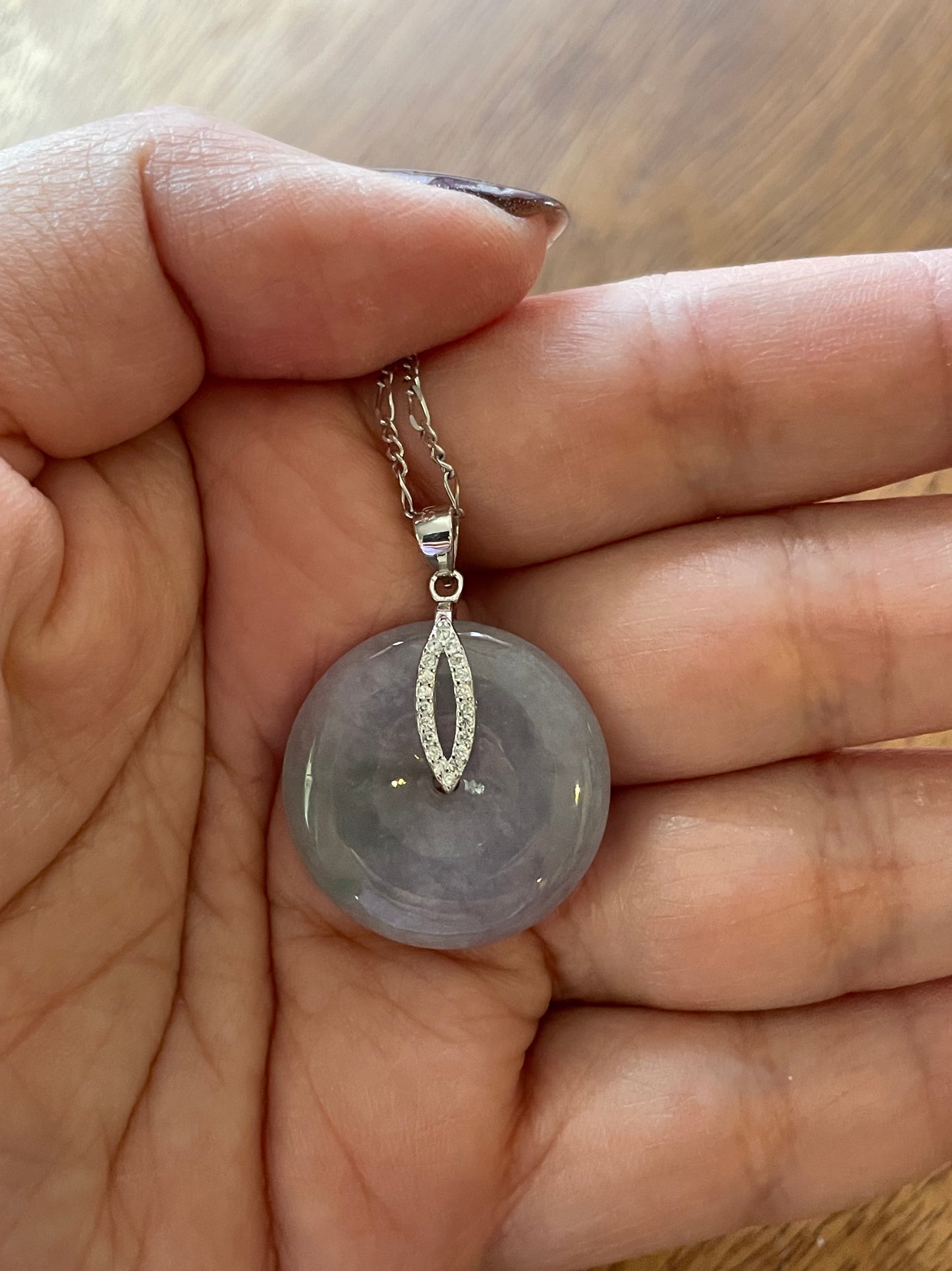 Grade A Natural  Lavender Jadeite Pi Disc pendant  silver necklace