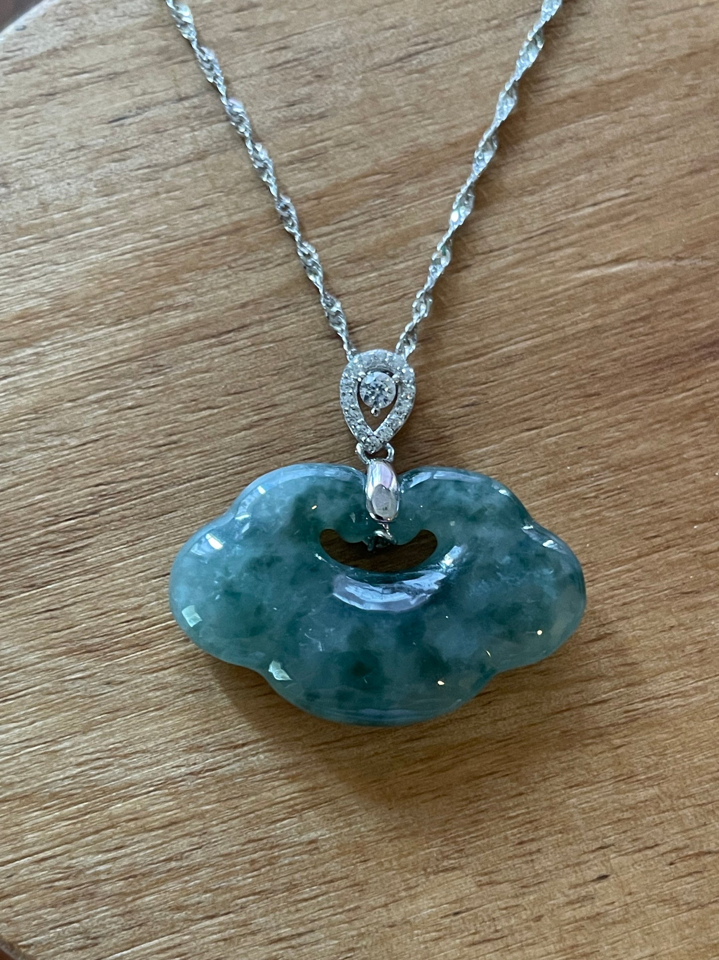 Grade A Natural Burma Jadeite Hand carved Icy Blue Yuyi (ruyi) Sterling Silver Necklace
