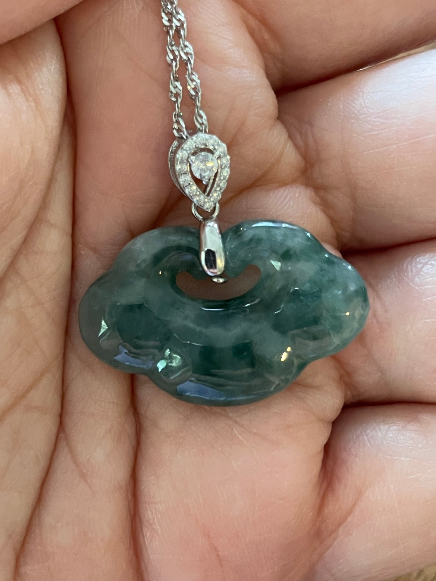 Grade A Natural Burma Jadeite Hand carved Icy Blue Yuyi (ruyi) Sterling Silver Necklace