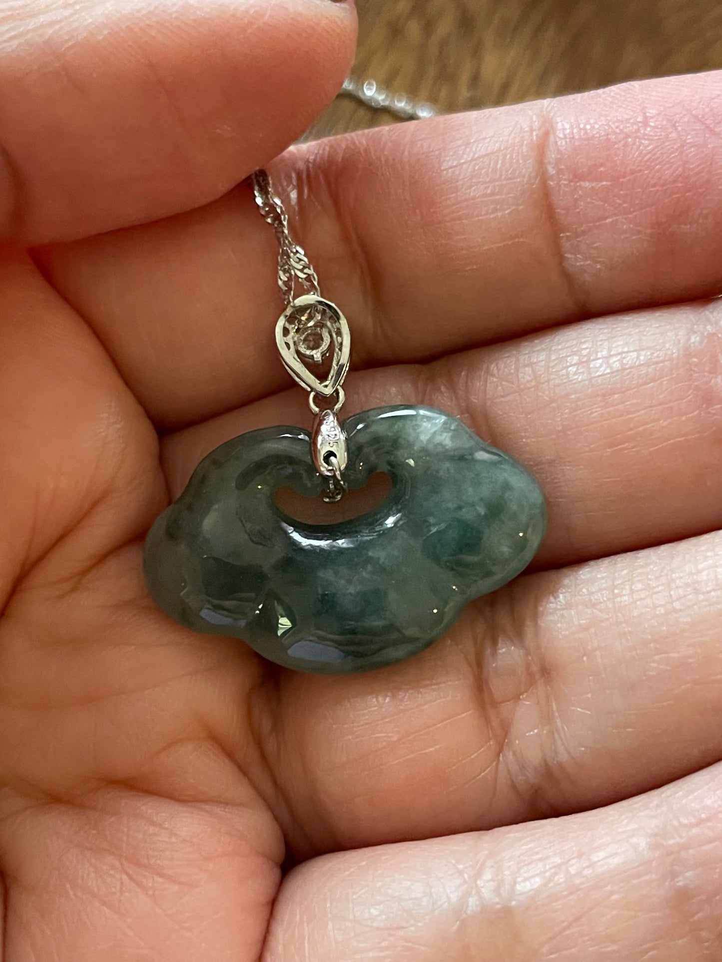 Grade A Natural Burma Jadeite Hand carved Icy Blue Yuyi (ruyi) Sterling Silver Necklace